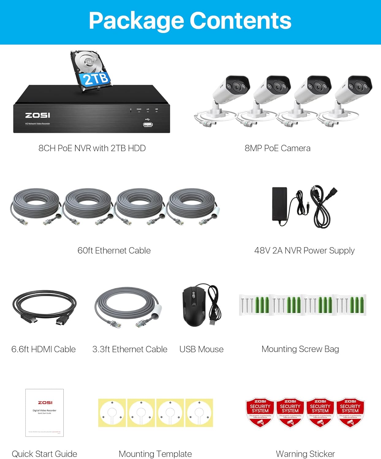 Zosi Set de Supraveghere Video cu 4 camere exterior LUX 88N2-1828W4-EU-1